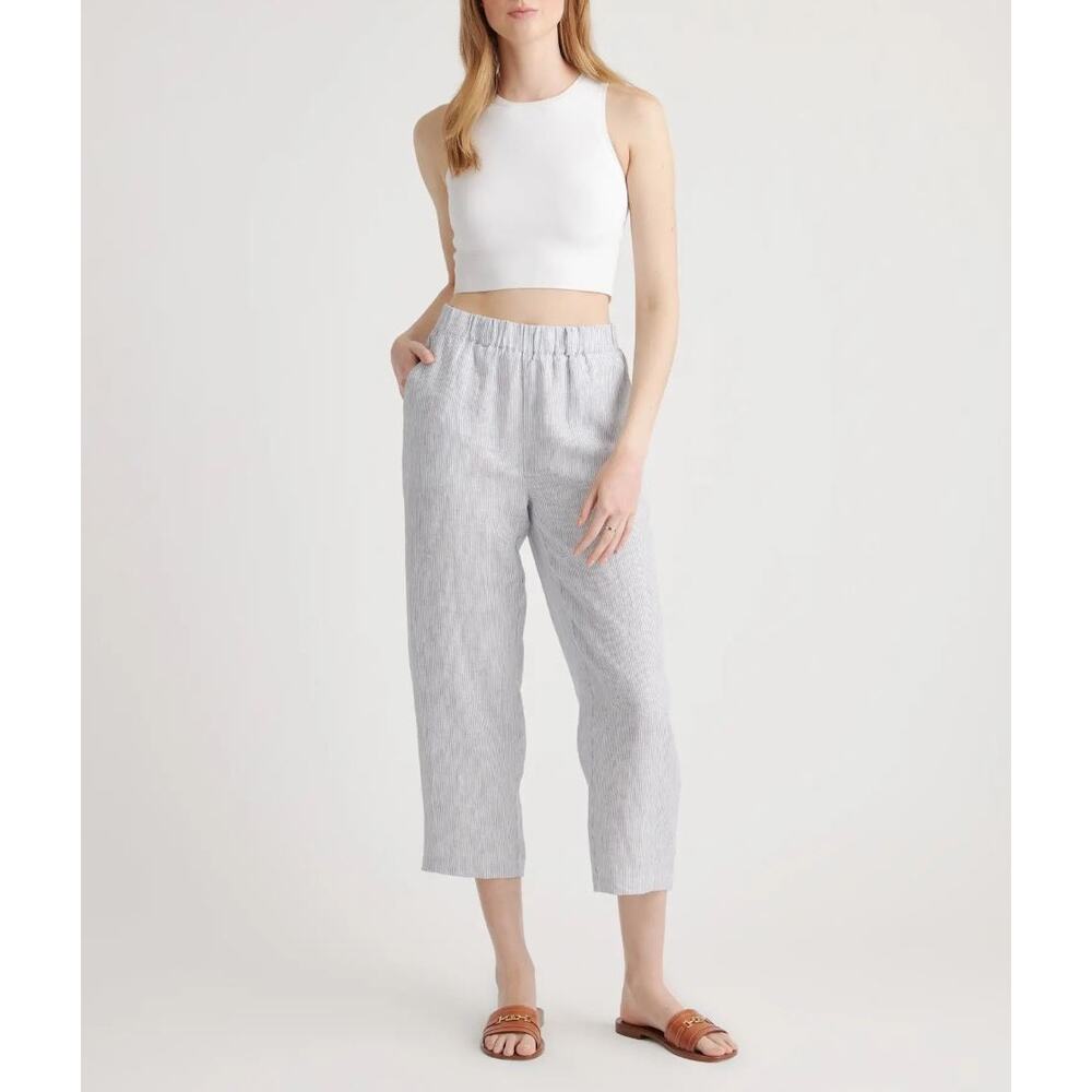Quince 100% European Linen Pants Medium Blue Pinstripe Pull On Sustainable - Picture 14 of 14